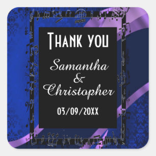 Navy blue damask and black thank you square sticker