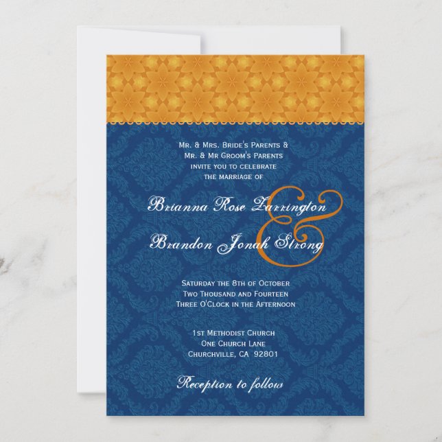 Navy Blue Damask and Gold Stars Wedding S200 Invitation (Front)