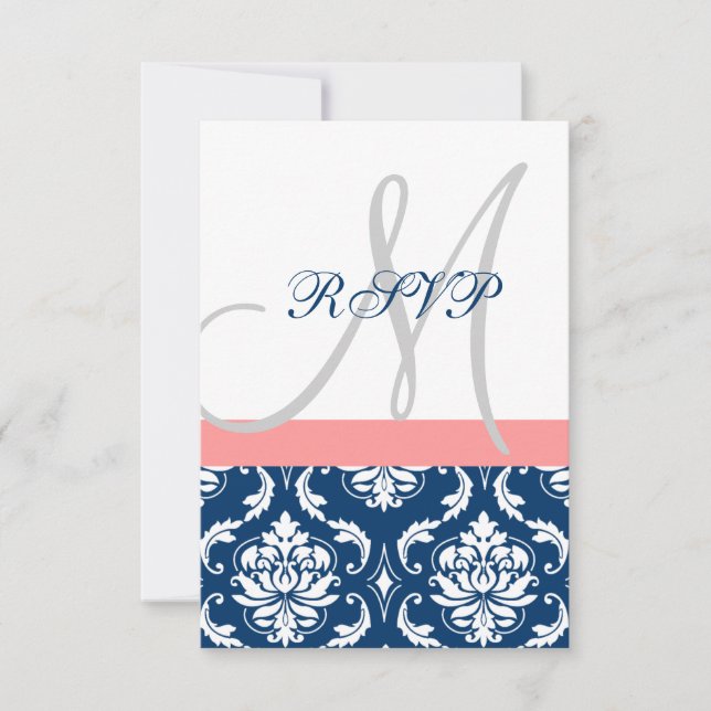 Navy Blue Damask Coral Initial Wedding RSVP Card (Front)