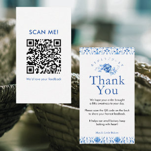 Navy Blue Damask Leave a Review QR Code Business Card