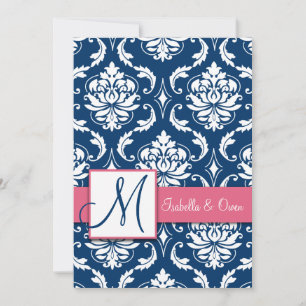 Navy Blue Damask Monogram Invitation Pink