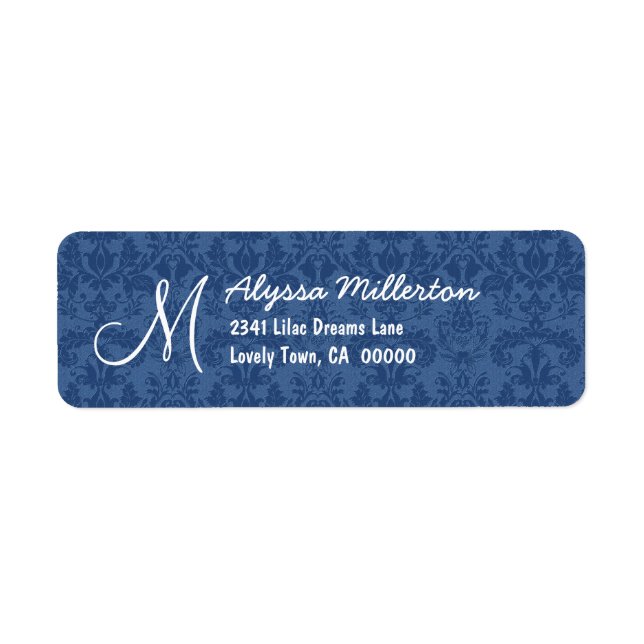 Navy Blue Damask Monogram M Ver 001 Address Label (Front)