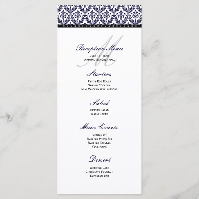 Navy Blue Damask Monogram Reception Menu (Front)