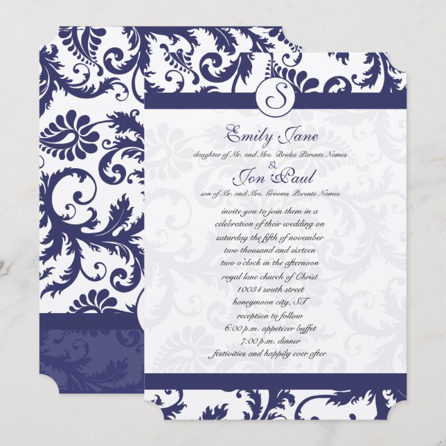 Navy Blue Damask Monogram Wedding Invitation (Front/Back)