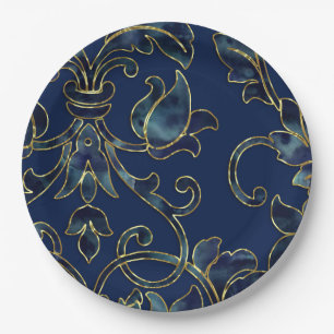 Navy Blue Damask Pattern over your choice of colou Paper Plate