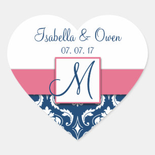 Navy Blue Damask Pink Save the Date Sticker
