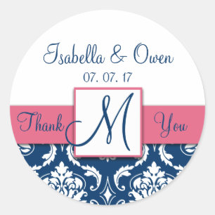 Navy Blue Damask Pink Wedding Thank You Sticker