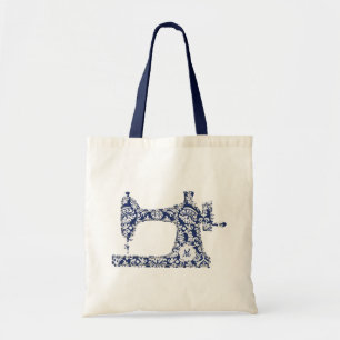 Navy Blue Damask Sewing Machine Monogram Tote Bag
