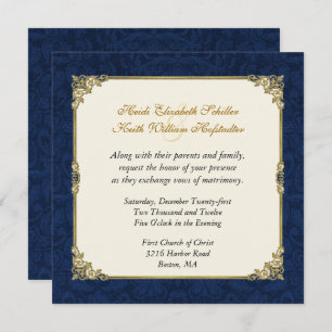 Navy Blue Damask & Vintage Gold Faire-part de mari