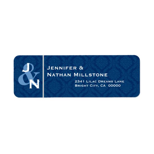 NAVY BLUE Damask Wedding Bride Groom Monogram Return Address Label