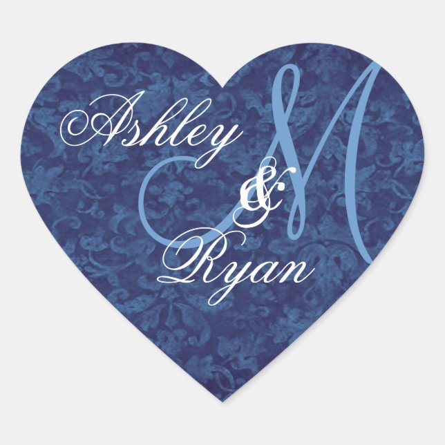 Navy Blue Damask Wedding Custom Monogram Heart Sticker (Front)