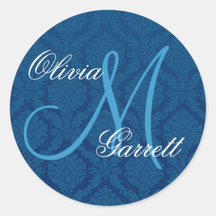 NAVY BLUE Damask Wedding Custom Monogram V1 Classic Round Sticker