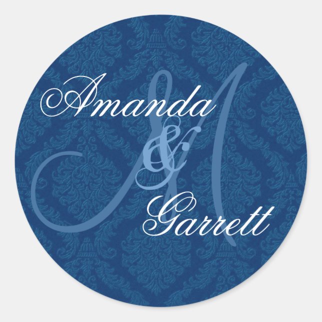 NAVY BLUE Damask Wedding Custom Monogram V2 Classic Round Sticker (Front)