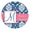 Navy Blue Damask Wedding Favour Sticker Pink