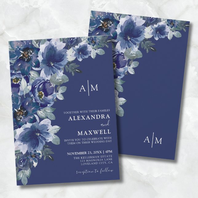 Navy Blue Dark Elegant Modern Floral Wedding Invitation (Navy Blue Dark Elegant Modern Floral Wedding Invitation)