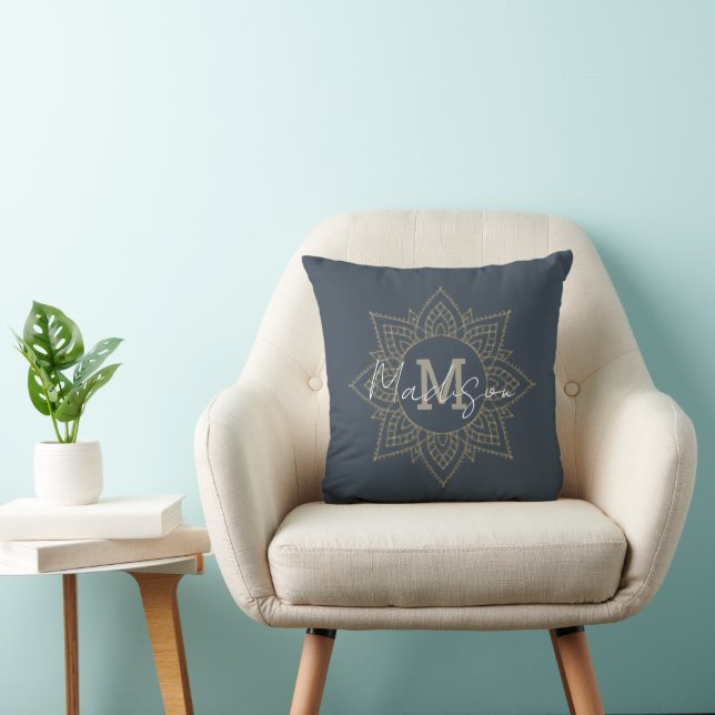 Navy Blue Dark Grey Gold Mandala Name Monogram Throw Pillow (Chair)