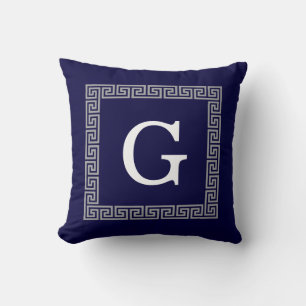 Navy Blue Dark Grey Greek Key #1 Framed Monogram Throw Pillow