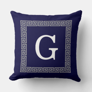Navy Blue Dark Grey Greek Key #1 Framed Monogram Throw Pillow