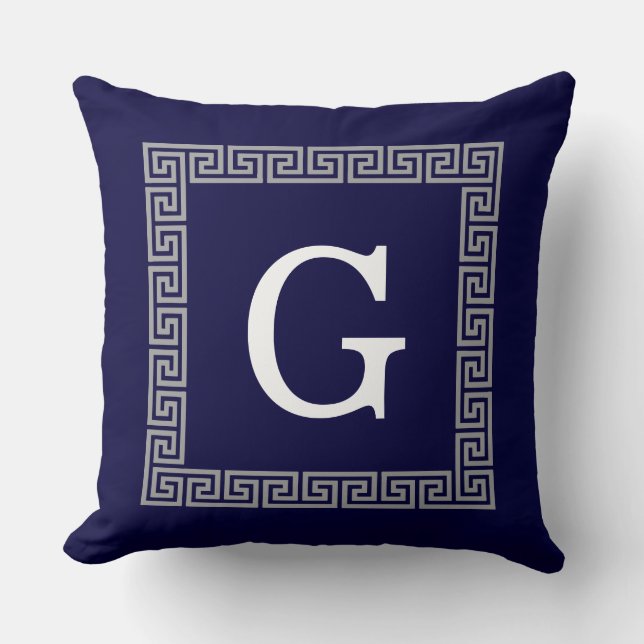 Navy Blue Dark Grey Greek Key #1 Framed Monogram Throw Pillow (Front)