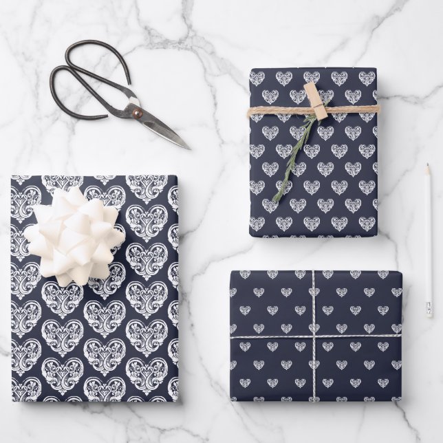 Navy Blue Decorative Heart Wrapping Paper Sheet (Front)