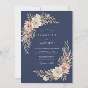 Navy Blue Delicate Botanical Wedding Invitation