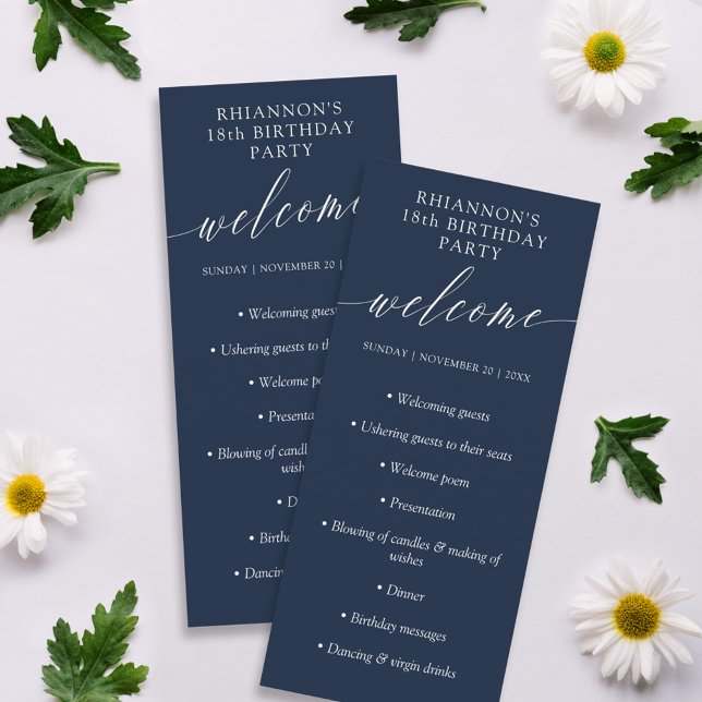 Navy Blue Delicate Calligraphy Birthday Party Program (Creator Uploaded)