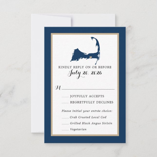 Navy Blue Dennis Cape Cod Map Wedding RSVP menu (Front)