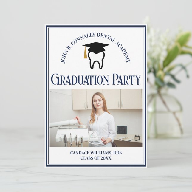 Navy Blue Dental School Photo Graduation Party Invitation (Standing Front)