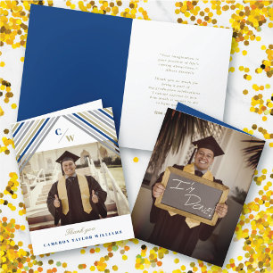 Navy Blue Diagonal Stripes Photo Modern Graduation Thank You Card