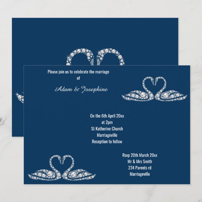 NAVY BLUE DIAMOND SWAN ELEGANT WEDDING INVITATION (Front/Back)