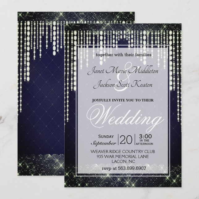 Navy Blue Diamond Wedding Invitation (Front/Back)
