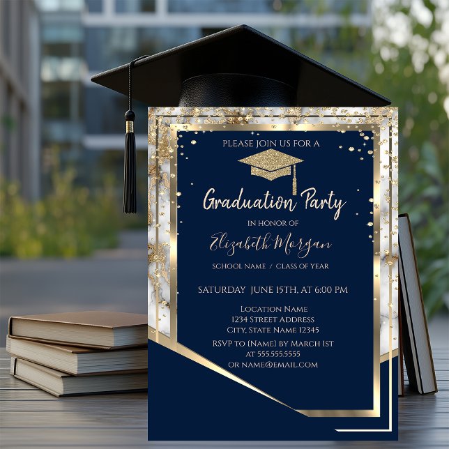 Navy Blue Diamonds Gold Grad Cap Marble Graduation Invitation (Creator Uploaded)