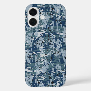 Navy Blue Digital Camouflage Decor on a iPhone 16 Case