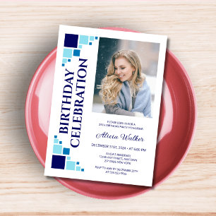 Navy Blue Digital Frame Corner Photo Birthday Invitation