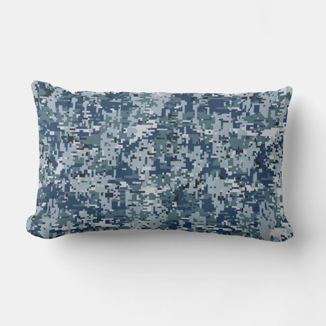 Navy Blue Digital Pixels Camouflage Decor Lumbar Pillow (Front)
