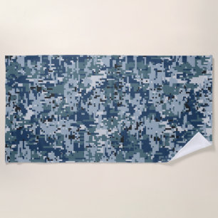 Navy Blue Digital Pixels Camouflage Decor on a Beach Towel