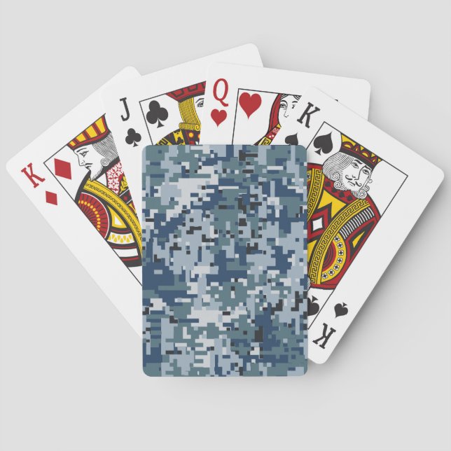 Navy Blue Digital Pixels Camouflage Decor Playing Cards (Back)