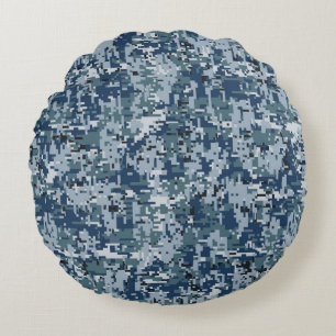 Navy Blue Digital Pixels Camouflage Decor Round Pillow