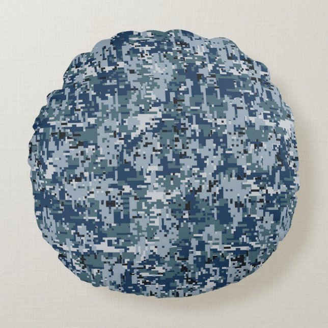 Navy Blue Digital Pixels Camouflage Decor Round Pillow (Front)