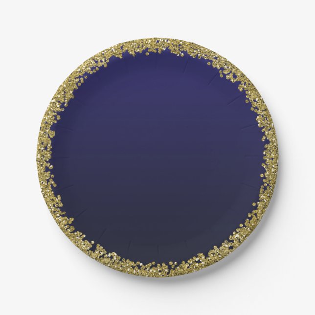 Navy Blue Dipped Gold Glitter Glam Sparkle Party Paper Plate (Front)