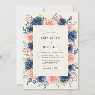 Navy Blue Distinguished Floral Wedding Invitation
