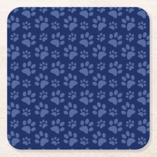 Navy blue dog paw print pattern square paper coaster