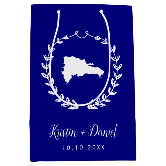 Navy Blue Dominican Republic Map Wedding Welcome Medium Gift Bag (Front)