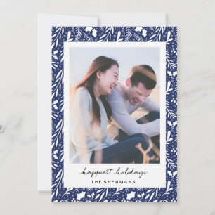 Navy Blue Dotted Greens Custom Photo Holiday Card