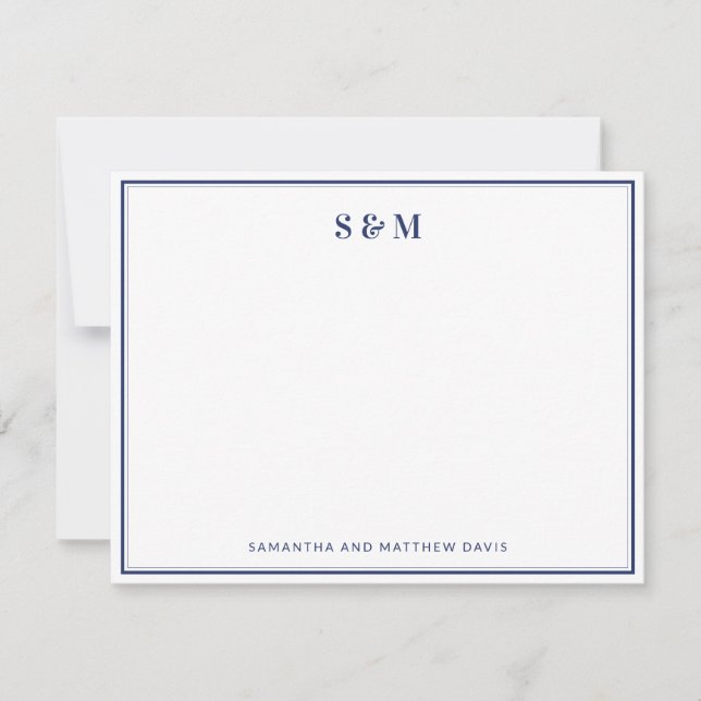 Navy Blue Double Border Elegant Classic Monogram Card (Front)