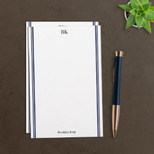 Navy Blue Double Lines Monogram & Name Stationery