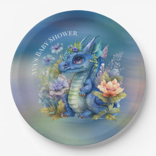 Navy Blue Dragon Boy Baby Shower Paper Plate