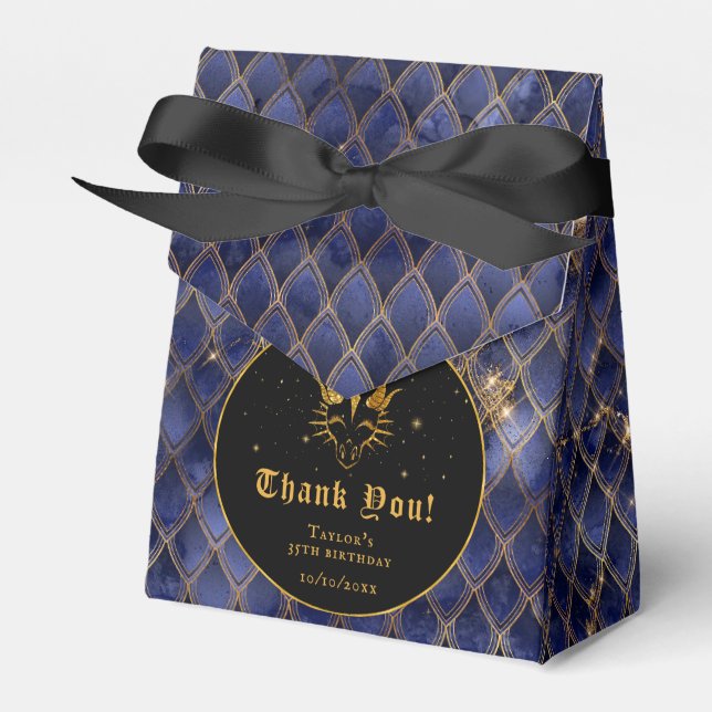 Navy Blue Dragon Scales Gold Birthday Thank You Favor Box (Front Side)
