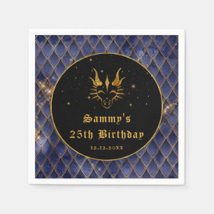 Navy Blue Dragon Scales Gold Faux Glitter Birthday Napkin