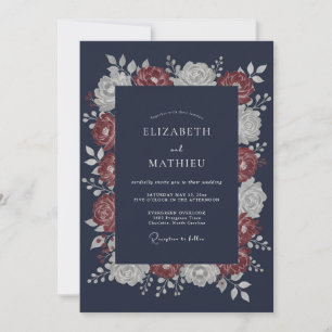 Navy Blue Dramatic Floral Wedding Invitation